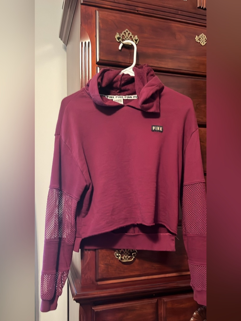PINK Victoria's Secret Maroon Cropped Hoodie with Mesh Sleeves